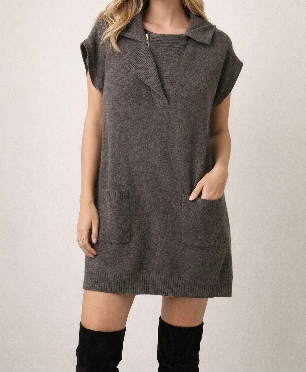 Chelsea & Theodore Cashmere Wool Sweater Dress Large Brown Zip Neck Pockets